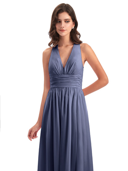 Emily Floor Length V Neck Split Chiffon Bridesmaid Dresses