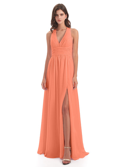 Emily Floor Length V Neck Split Chiffon Bridesmaid Dresses