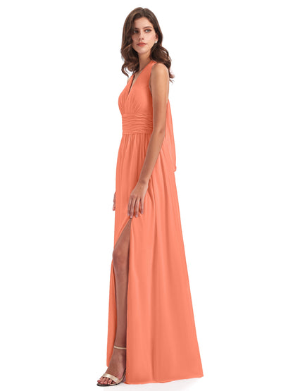Emily Floor Length V Neck Split Chiffon Bridesmaid Dresses
