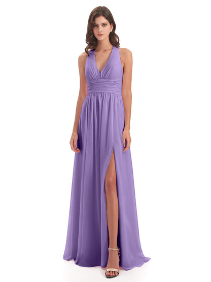 Emily Floor Length V Neck Split Chiffon Bridesmaid Dresses
