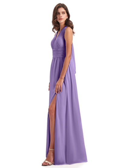 Emily Floor Length V Neck Split Chiffon Bridesmaid Dresses