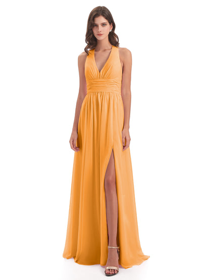 Emily Floor Length V Neck Split Chiffon Bridesmaid Dresses