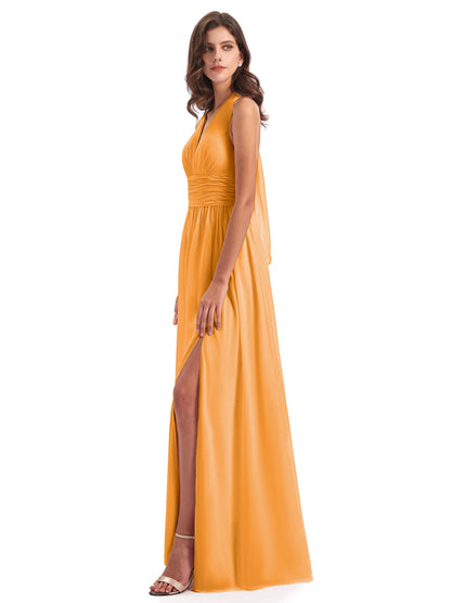 Emily Floor Length V Neck Split Chiffon Bridesmaid Dresses