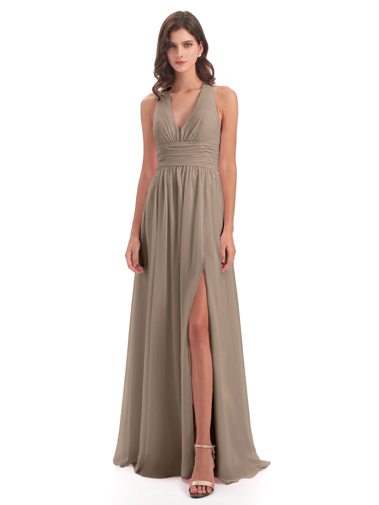 Emily Floor Length V Neck Split Chiffon Bridesmaid Dresses
