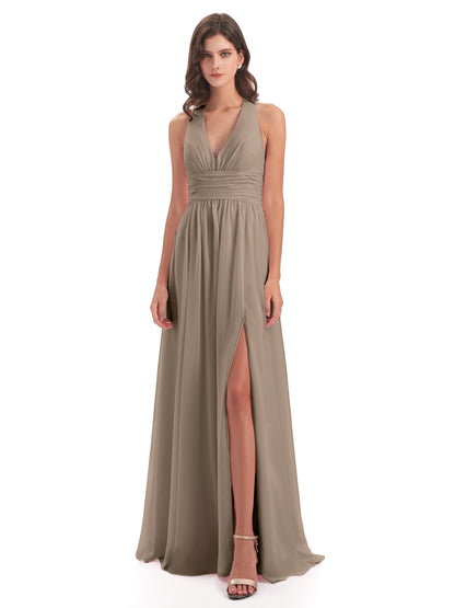 Emily Floor Length V Neck Split Chiffon Bridesmaid Dresses