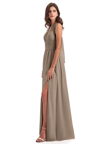 Emily Floor Length V Neck Split Chiffon Bridesmaid Dresses