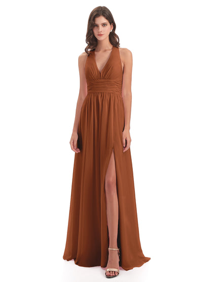 Emily Floor Length V Neck Split Chiffon Bridesmaid Dresses