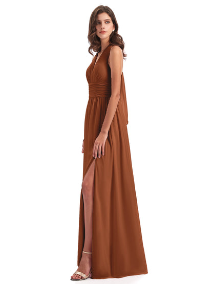 Emily Floor Length V Neck Split Chiffon Bridesmaid Dresses