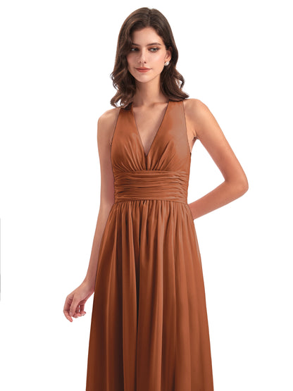 Emily Floor Length V Neck Split Chiffon Bridesmaid Dresses
