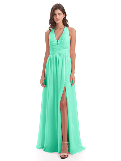 Emily Floor Length V Neck Split Chiffon Bridesmaid Dresses