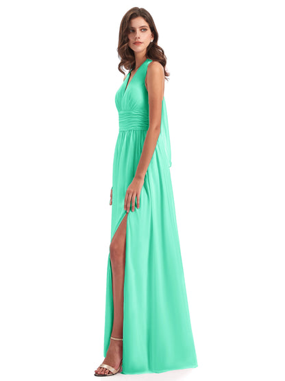 Emily Floor Length V Neck Split Chiffon Bridesmaid Dresses