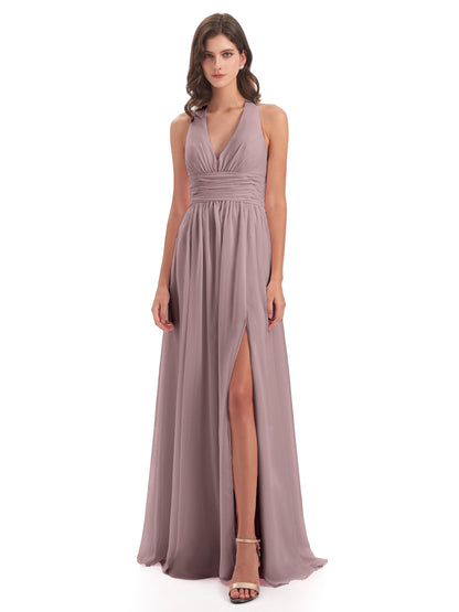 Emily Floor Length V Neck Split Chiffon Bridesmaid Dresses