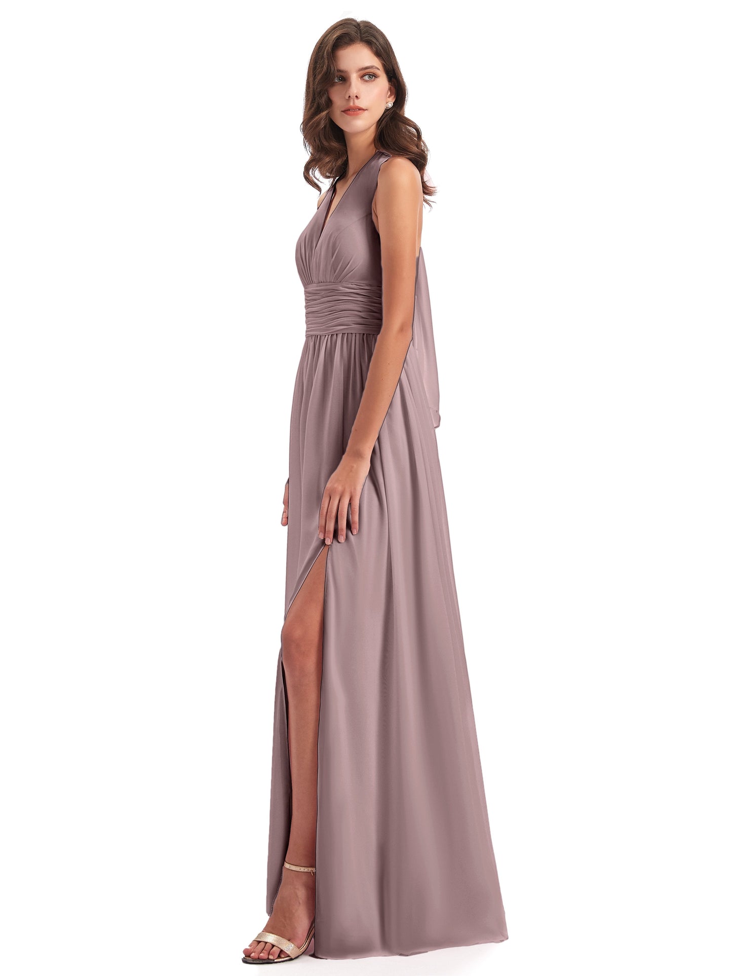 Emily Floor Length V Neck Split Chiffon Bridesmaid Dresses