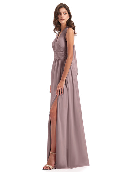 Emily Floor Length V Neck Split Chiffon Bridesmaid Dresses