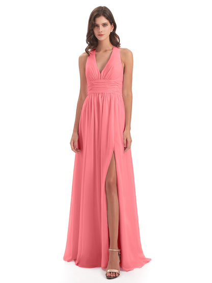 Emily Floor Length V Neck Split Chiffon Bridesmaid Dresses