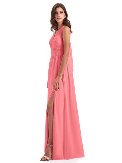 Emily Floor Length V Neck Split Chiffon Bridesmaid Dresses