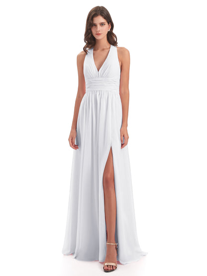 Emily Floor Length V Neck Split Chiffon Bridesmaid Dresses