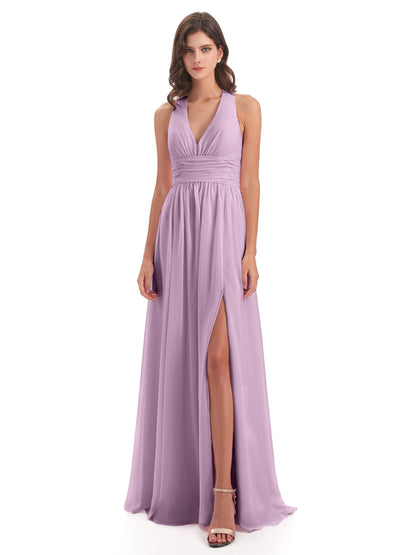 Emily Floor Length V Neck Split Chiffon Bridesmaid Dresses