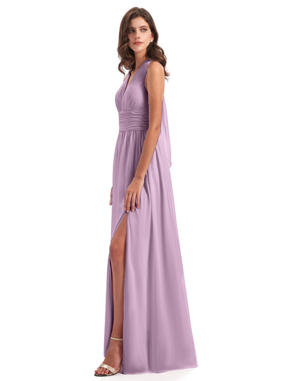Emily Floor Length V Neck Split Chiffon Bridesmaid Dresses