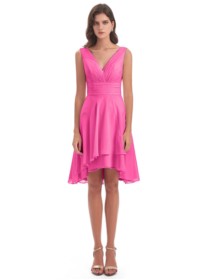 Esperanza Knee Length High Low V-neck Chiffon Bridesmaid Dresses