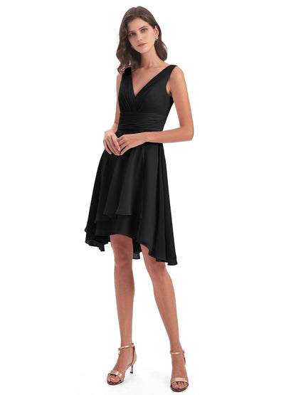 Esperanza Knee Length High Low V-neck Chiffon Bridesmaid Dresses