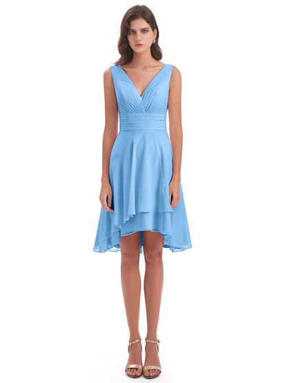 Esperanza Knee Length High Low V-neck Chiffon Bridesmaid Dresses