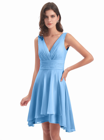 Esperanza Knee Length High Low V-neck Chiffon Bridesmaid Dresses