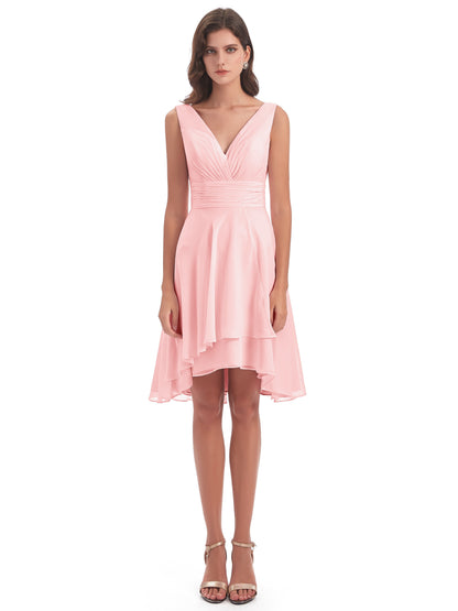 Esperanza Knee Length High Low V-neck Chiffon Bridesmaid Dresses