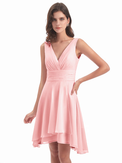 Esperanza Knee Length High Low V-neck Chiffon Bridesmaid Dresses