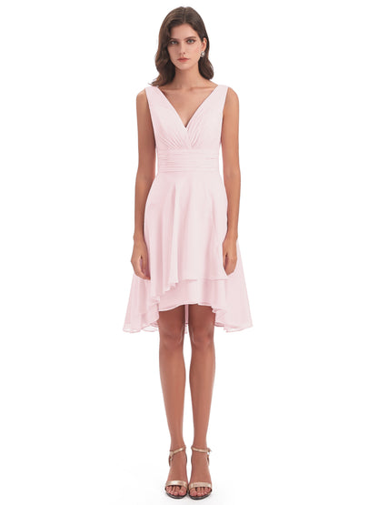 Esperanza Knee Length High Low V-neck Chiffon Bridesmaid Dresses