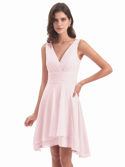 Esperanza Knee Length High Low V-neck Chiffon Bridesmaid Dresses