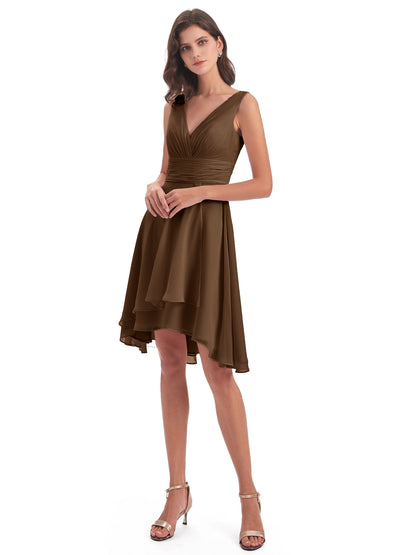 Esperanza Knee Length High Low V-neck Chiffon Bridesmaid Dresses