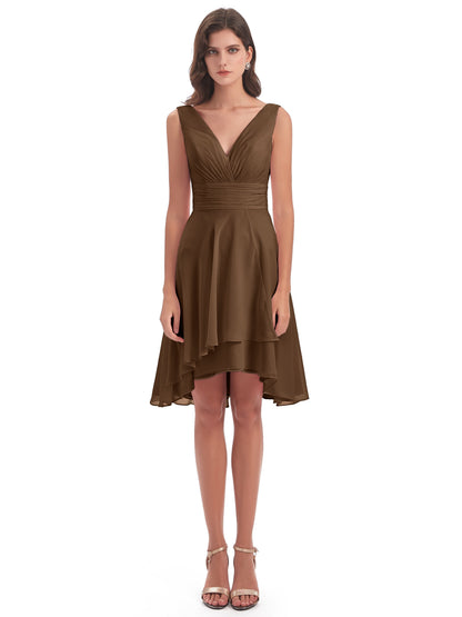 Esperanza Knee Length High Low V-neck Chiffon Bridesmaid Dresses