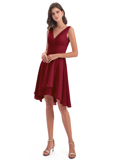 Esperanza Knee Length High Low V-neck Chiffon Bridesmaid Dresses