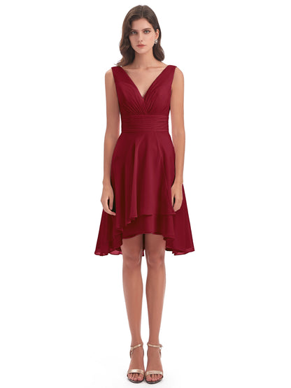 Esperanza Knee Length High Low V-neck Chiffon Bridesmaid Dresses
