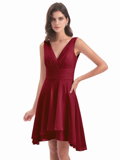 Esperanza Knee Length High Low V-neck Chiffon Bridesmaid Dresses
