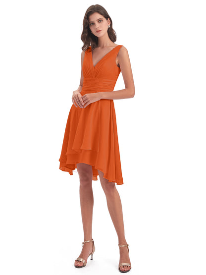 Esperanza Knee Length High Low V-neck Chiffon Bridesmaid Dresses