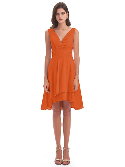 Esperanza Knee Length High Low V-neck Chiffon Bridesmaid Dresses