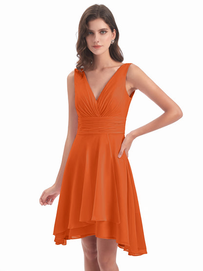 Esperanza Knee Length High Low V-neck Chiffon Bridesmaid Dresses