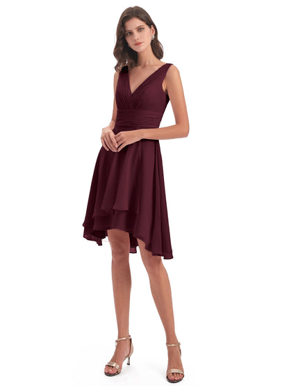 Esperanza Knee Length High Low V-neck Chiffon Bridesmaid Dresses