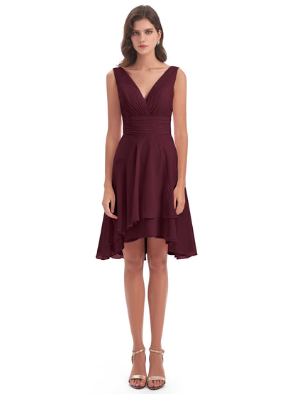 Esperanza Knee Length High Low V-neck Chiffon Bridesmaid Dresses
