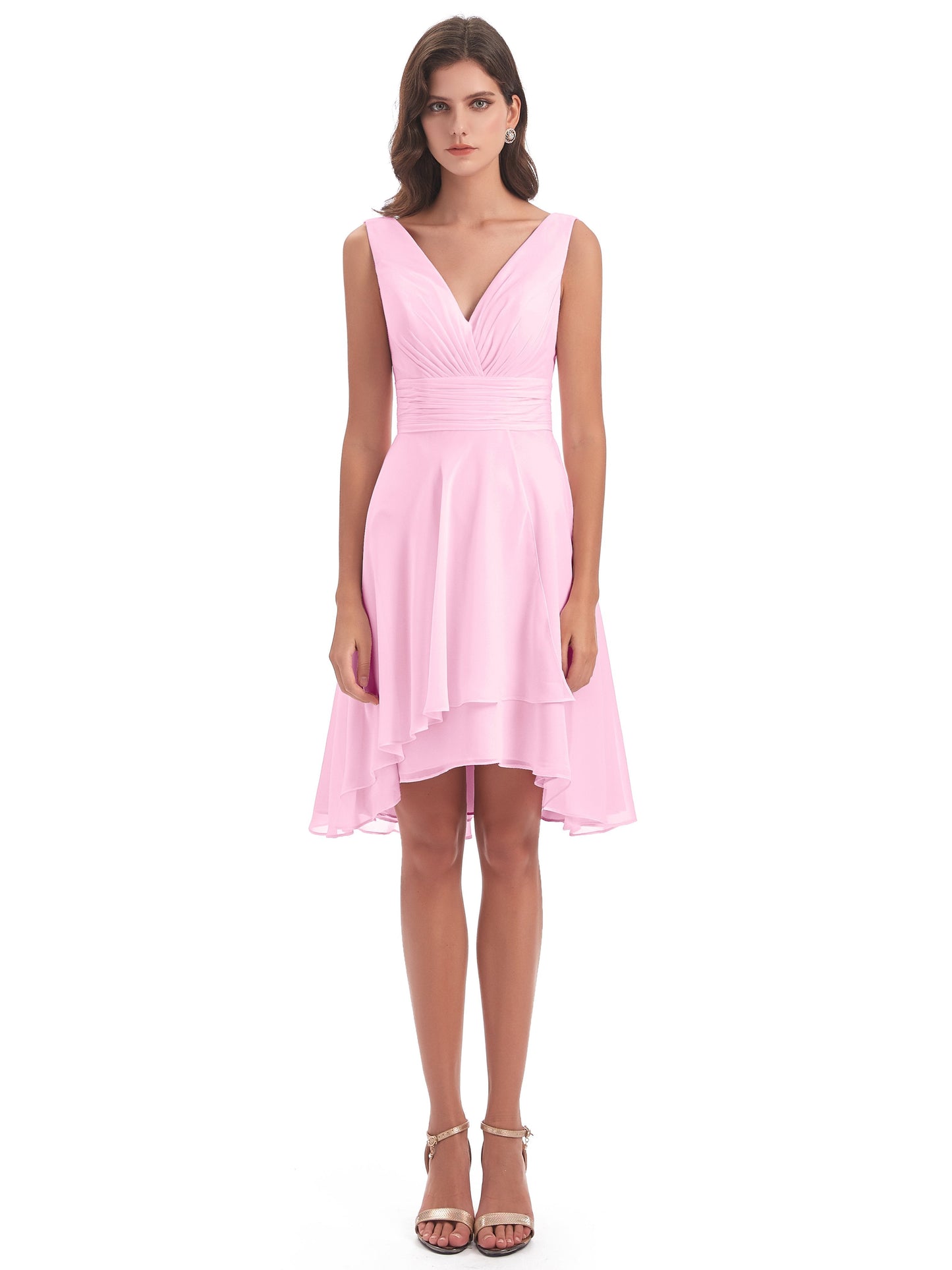 Esperanza Knee Length High Low V-neck Chiffon Bridesmaid Dresses
