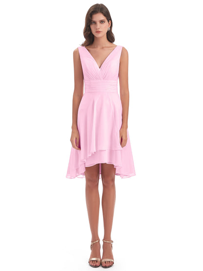 Esperanza Knee Length High Low V-neck Chiffon Bridesmaid Dresses