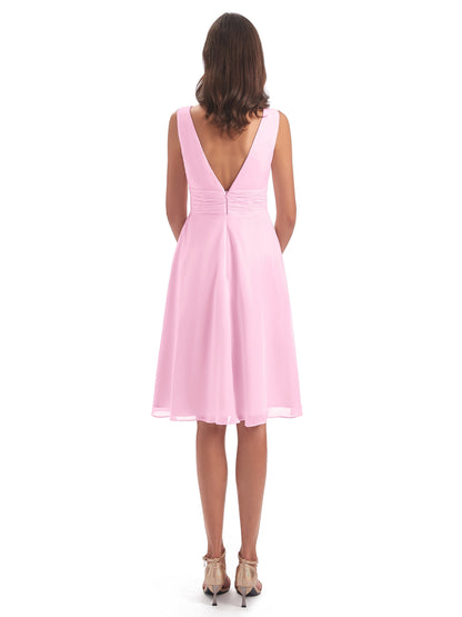 Esperanza Knee Length High Low V-neck Chiffon Bridesmaid Dresses