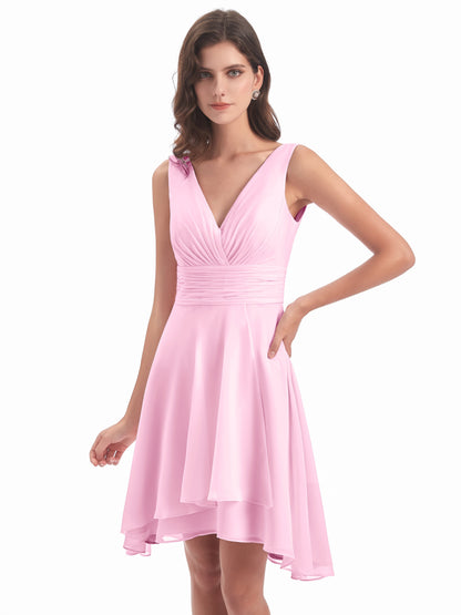 Esperanza Knee Length High Low V-neck Chiffon Bridesmaid Dresses