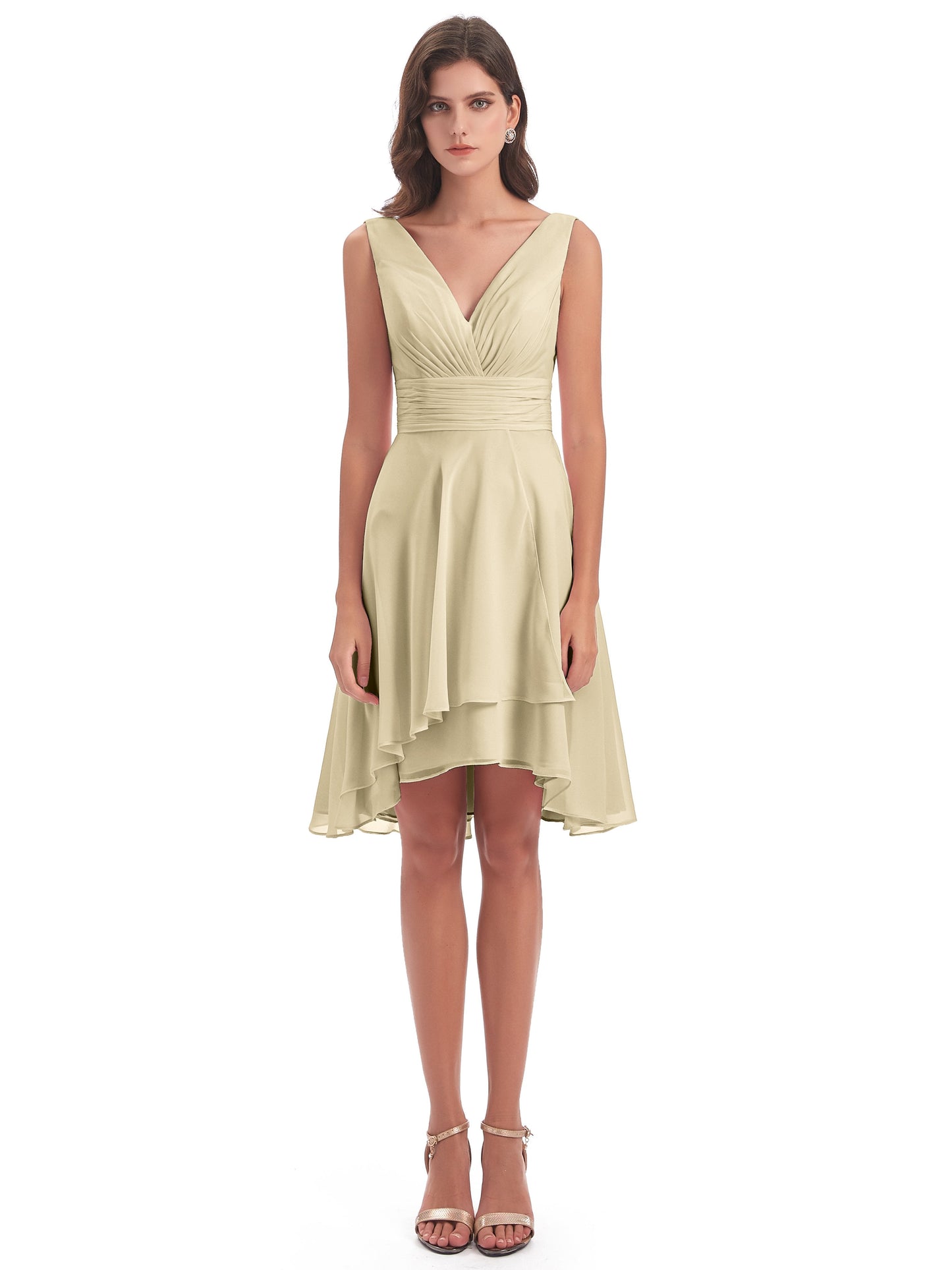 Esperanza Knee Length High Low V-neck Chiffon Bridesmaid Dresses