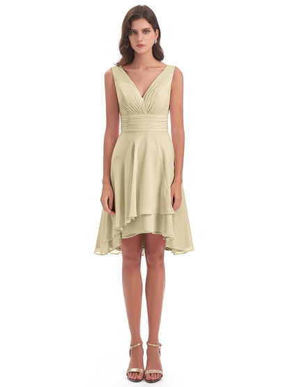 Esperanza Knee Length High Low V-neck Chiffon Bridesmaid Dresses
