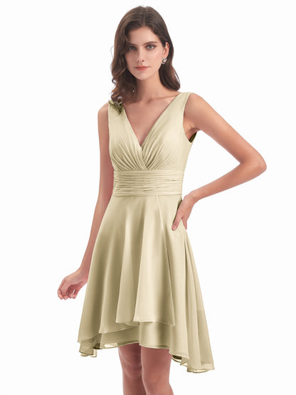 Esperanza Knee Length High Low V-neck Chiffon Bridesmaid Dresses