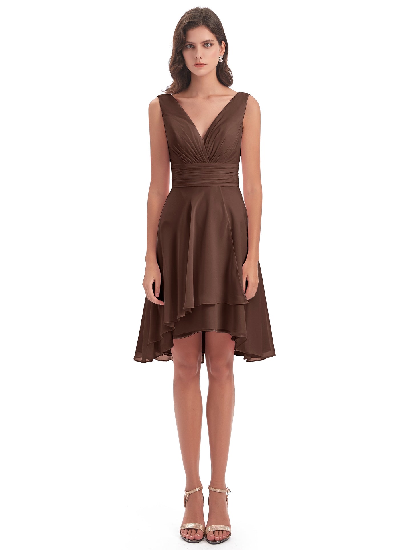 Esperanza Knee Length High Low V-neck Chiffon Bridesmaid Dresses