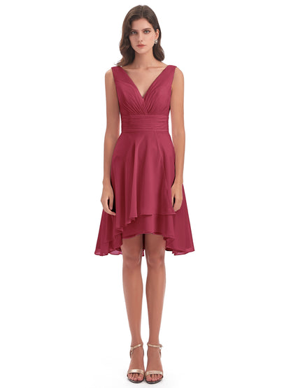 Esperanza Knee Length High Low V-neck Chiffon Bridesmaid Dresses